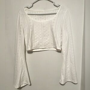 White Scoop Neck Flounce Sleeve Crop Tee